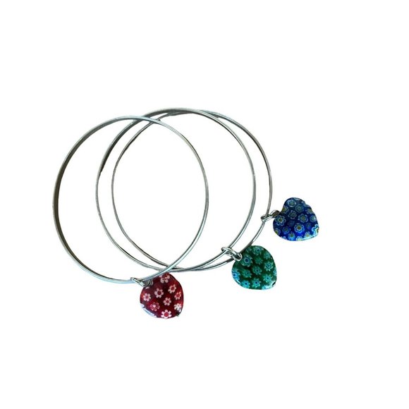 Silver Tone Bangle Bracelet Lot of 3 each with Glass Hearts Blue Green & Red - Picture 2 of 4